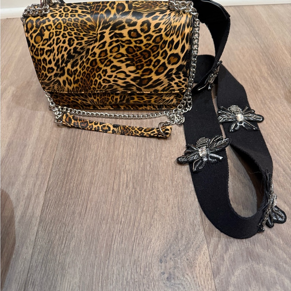 Leopard Print Crossbody Bag with Embellished Black Strap - Gold Hardware